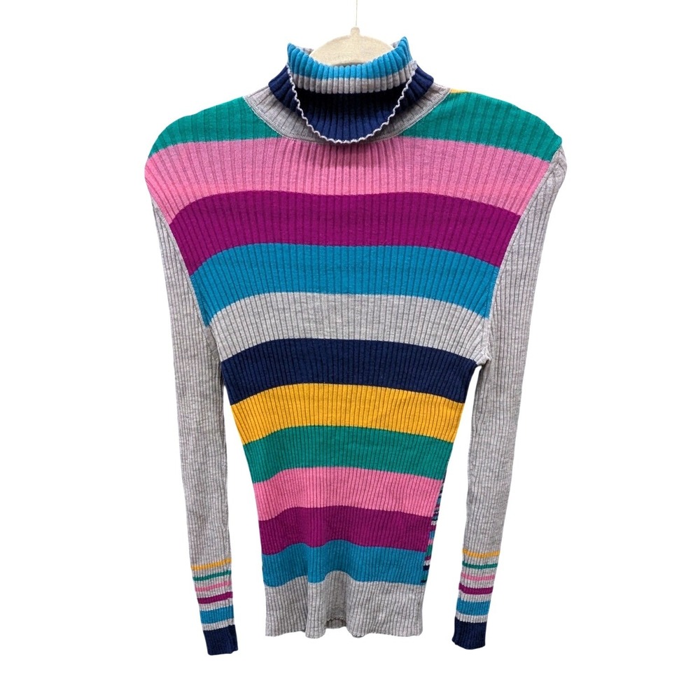 IVKO Woman Striped Ribbed Turtleneck Sweater Multi-Color Knit Top- Size L
